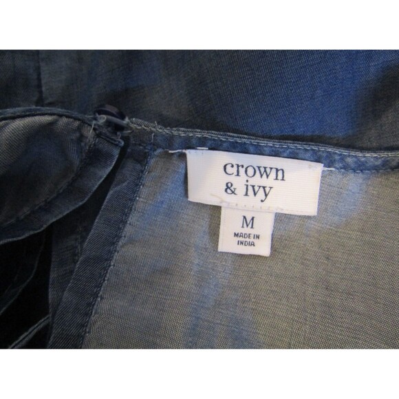 Crown & Ivy Chambray Dress Embroidered Floral Bodice Flutter Sleeves Womens M - Picture 7 of 8